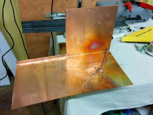 Step one is to cut out the copper sheet and bend it to form a cube. The parasitic element as already been soldered to the bottom face. 