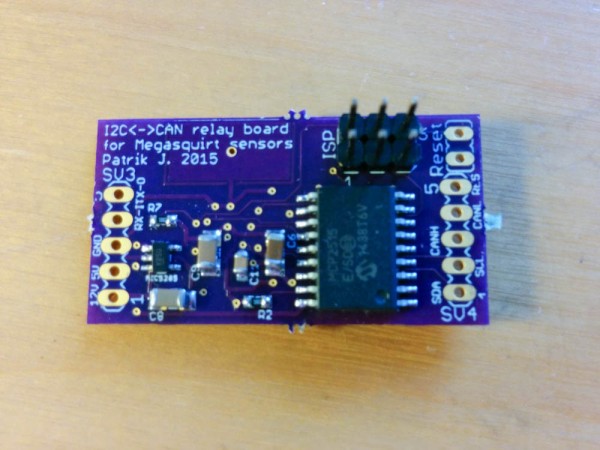 The front side of thee OshPark board after soldering on the SMT components. The large chip is the CAN-bun controller.