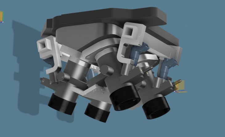 Here's the throttle body assembly model complete with adapters, injectors, fuel rail, and some of the brackets that will hold the throttle bodies in position.