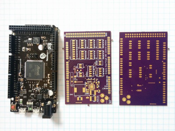 Here's the black "SainSmart" Arduino Due clone along with the purple PCB for the shield from OSH Park.