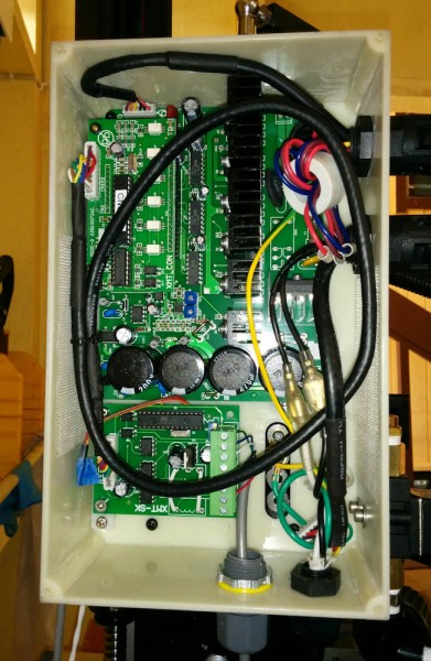 The motor control box with the CNC spindle control board mounted in the lower left.