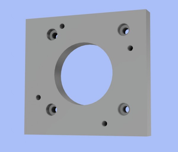 This is the motor adapter plate design in Fusion360. The countersunk screws bolt into the holes for the motor in the original plate. The rotated set of holes, concentric with the machined hole, are for the new motor bolts.