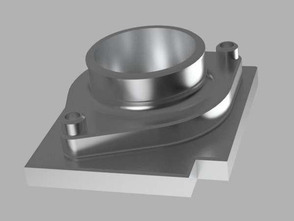 A Fusion360 rendering of the throttle body adapter mounted on the fixture. The cut-out corner on the fixture defines the XY origin. 