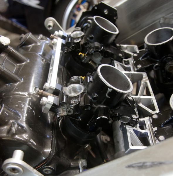 Closeup of the throttle bodies for the rear cylinders.