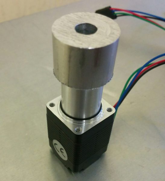 Test-fitting the rotor on the stepper motor. The larger-diameter part will be removed at the end. 
