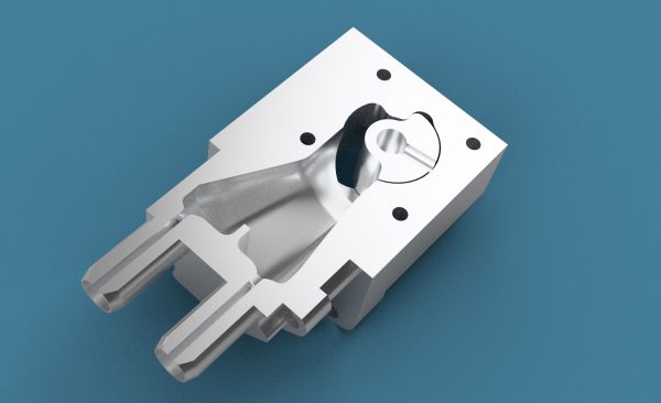 This is a section rendering of the IAC valve in its fully open position. The half-cylinder rotor is driven by the stepper motor (not visible), the intake is towards the back, and the outlets are the two barbs in the lower left.